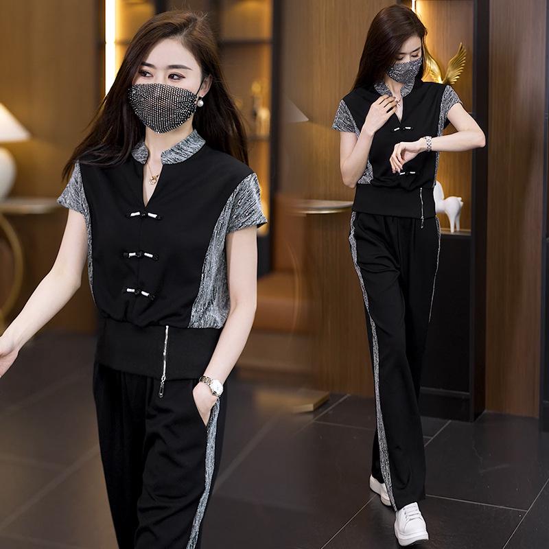 

Elegant Summer Women s Chinese Style Suit: Frog Button Short Sleeve Top & Wide Leg Pants XL чорний