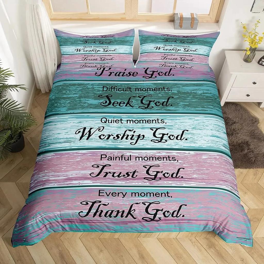 Christian Healing Duvet Cover Set with Inspirational Thoughts and Prayers Women Bedding Sets Colorful Sky Bedspreads Cover Queen