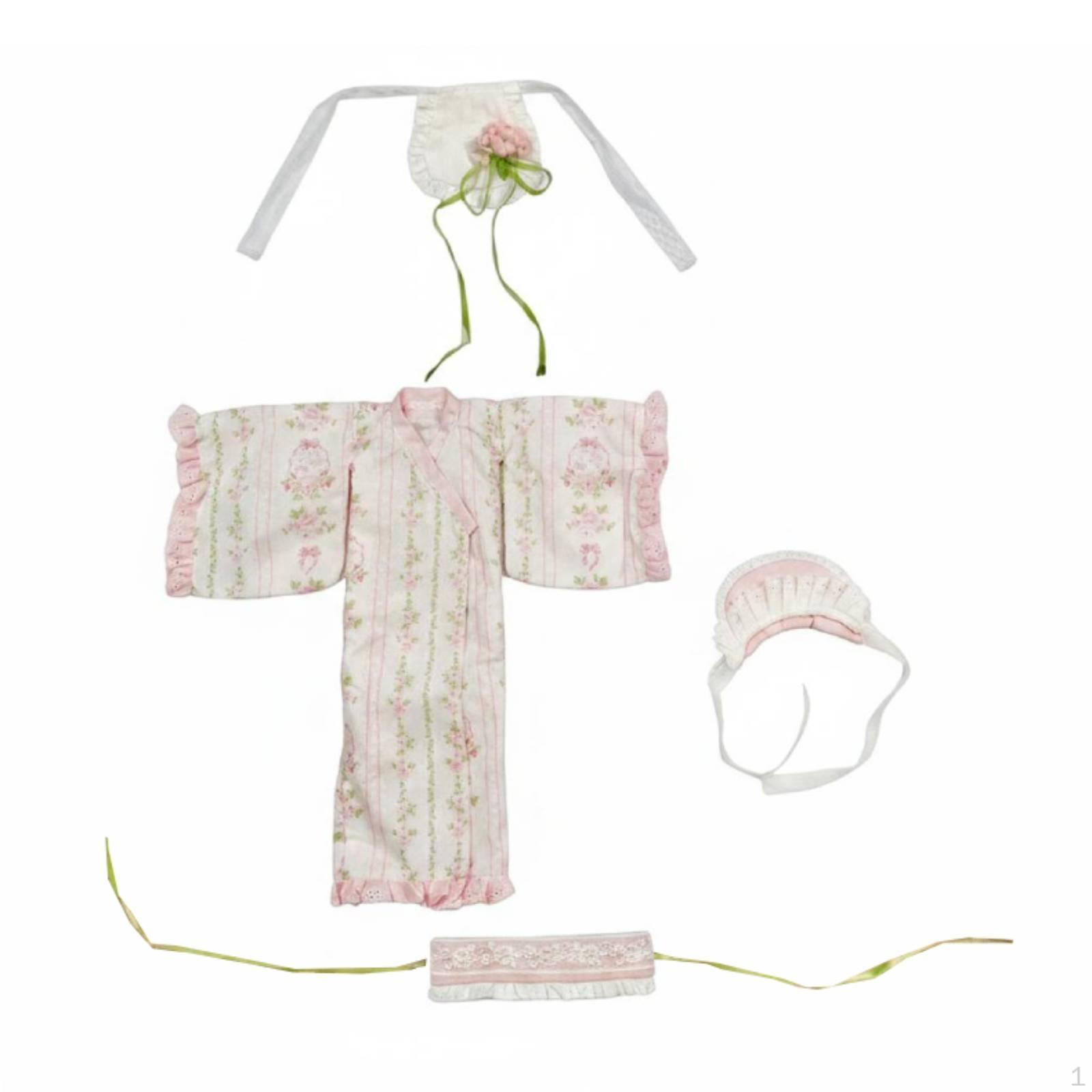 Doll Kimono Outfit Wide Sleeves Floral Ruffled Waist Toy Clothing
