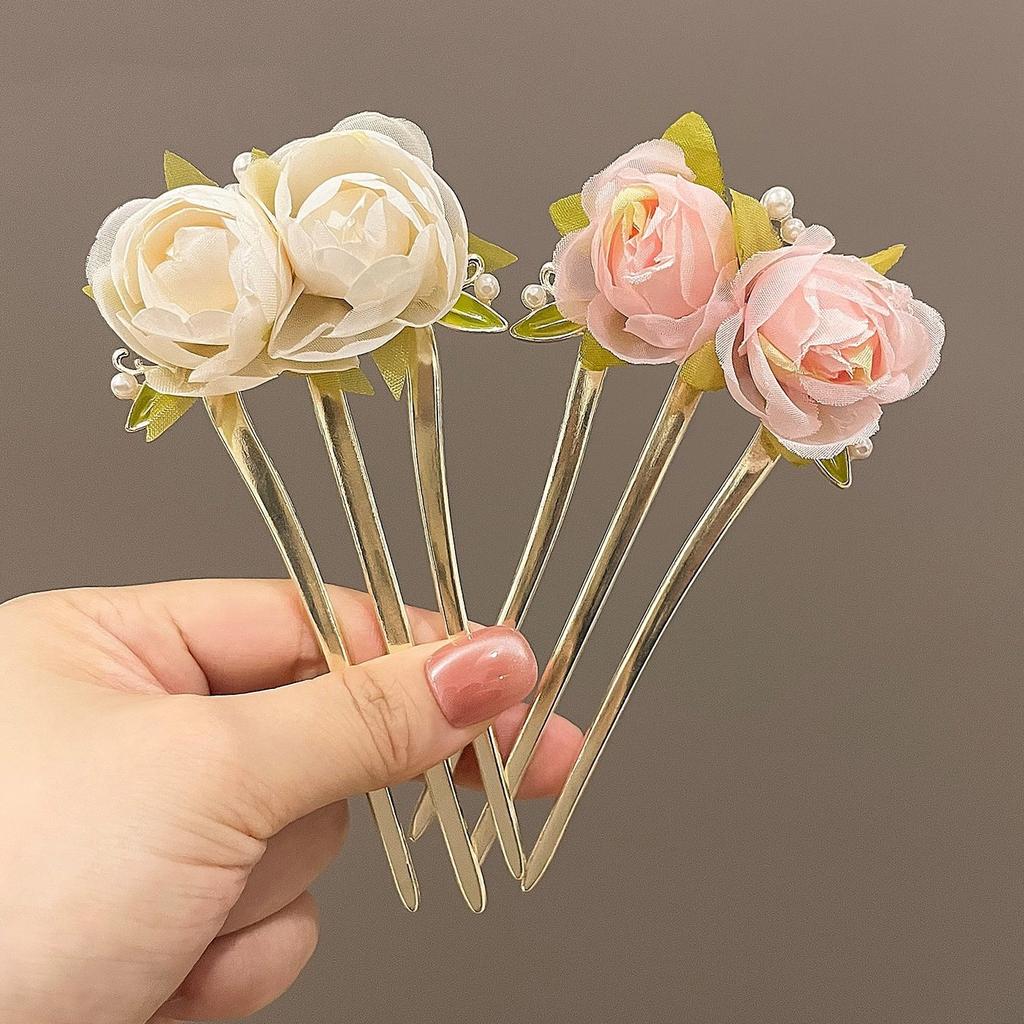 Elegant Flower Hairpin For Women Sweety Peony U Shaped Hair Stick Girls Fashionable Hair Accessories Gauze Floral Hair Pin NEW