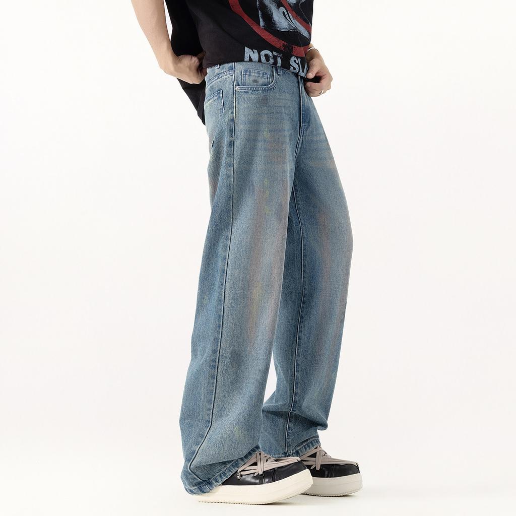 Retro jeans men's straight loose trendy brand wide legs American high street versatile long pants graffiti spray painting