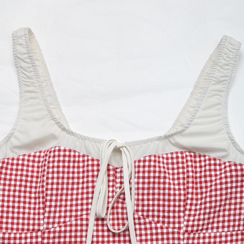 Contrasting Plaid Lace-Up Hollow Sweetheart Slim Vest Suspenders for Women