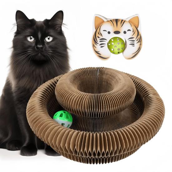 Cat Scratcher Accordion Toy Changeable Interactive Cat Scratching Board with Bell Ball Foldable Corrugated Paper Scratch Toy