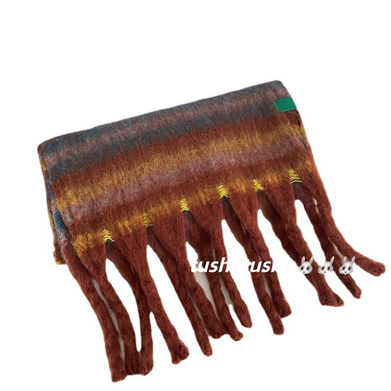 Mohair contrasting colors striped thick braids pulled hair imitation cashmere scarf men's and women's shawls thickened oversized warm scarf winter