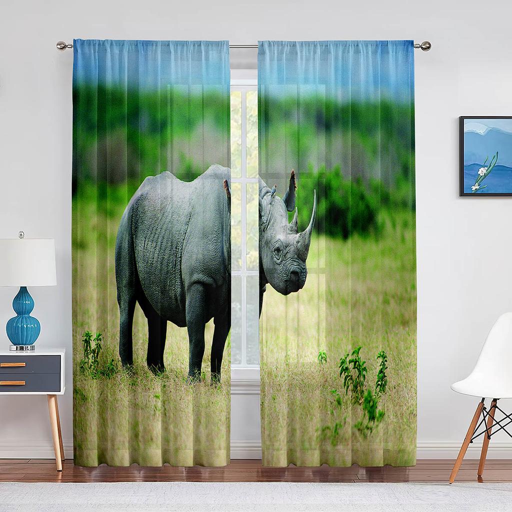 Wildtier Nashorn Grau Schwarz Tüll Vorhänge für Wohnzimmer Schlafzimmer Dekoration Transparent Chiffon Transparent Voile Fenstervorhang