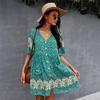 Bohemian Women Short Sleeve Print Casual Sexy Dress V Neck Spring Summer Beige Green Navy Blue S M L XL
