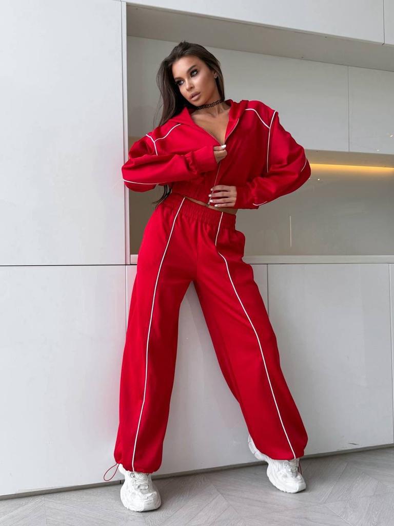 Lines Short Stand-Up Collar Sports Suit Women's, Zipper Waist Jacket High Waist Wide Leg Tights Sweatpants Two Pieces