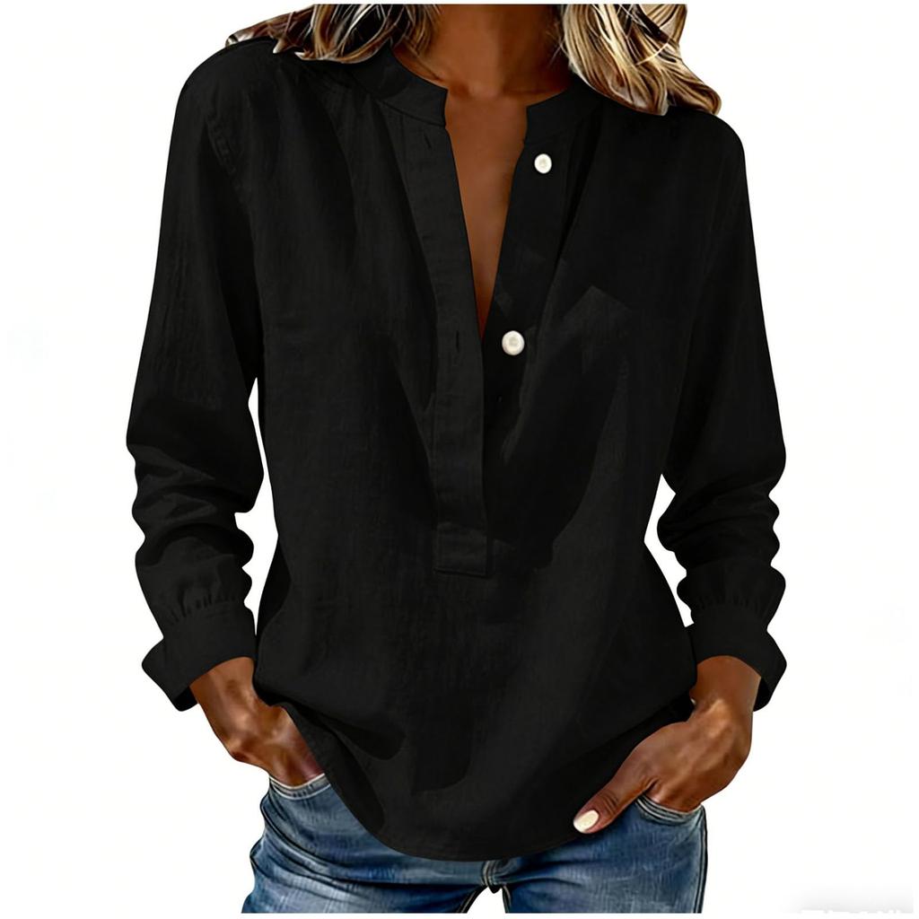 Women Loose Button Up Casual Blouses Long Sleeve Linen Tops