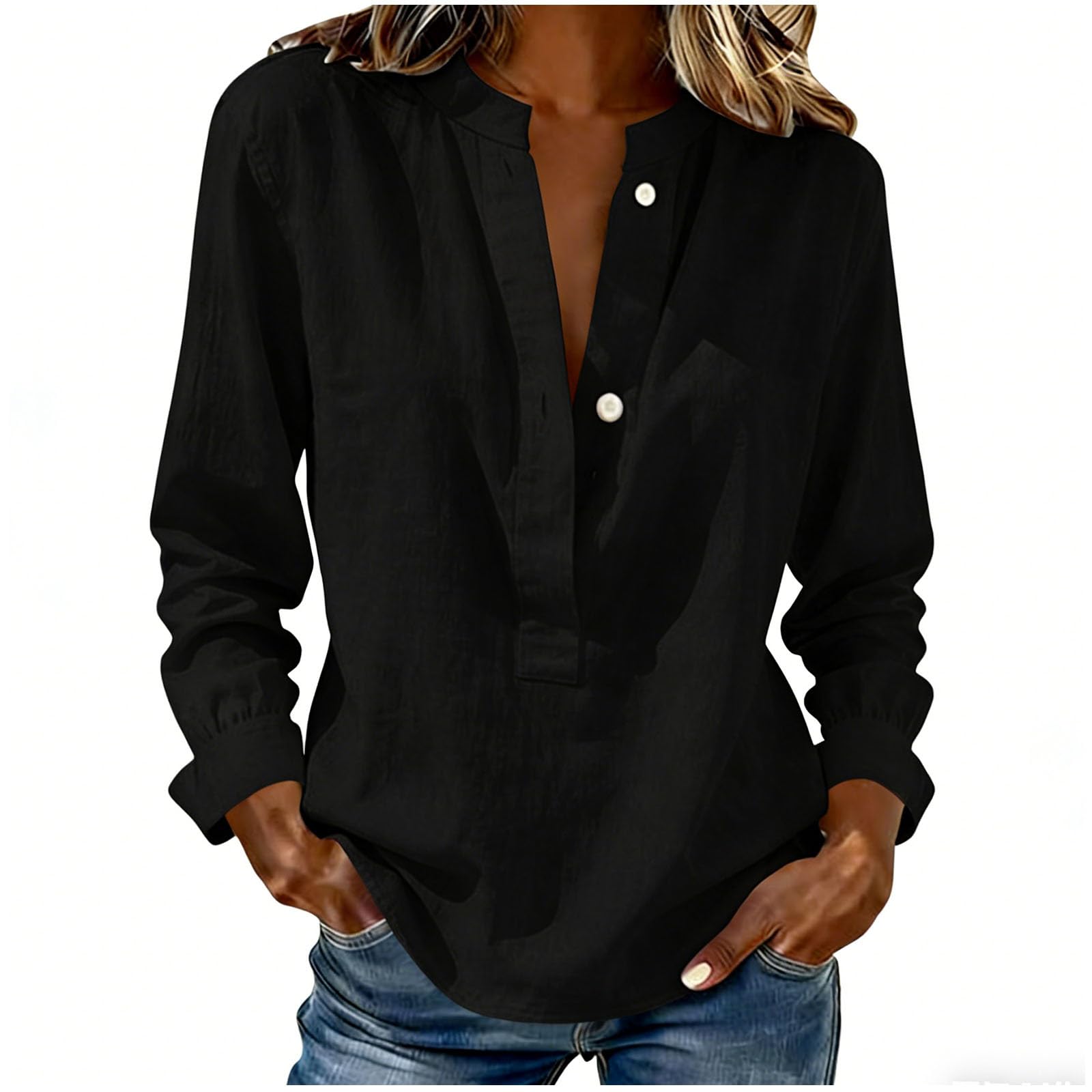 Women Loose Button Up Casual Blouses Long Sleeve Linen Tops S чёрный