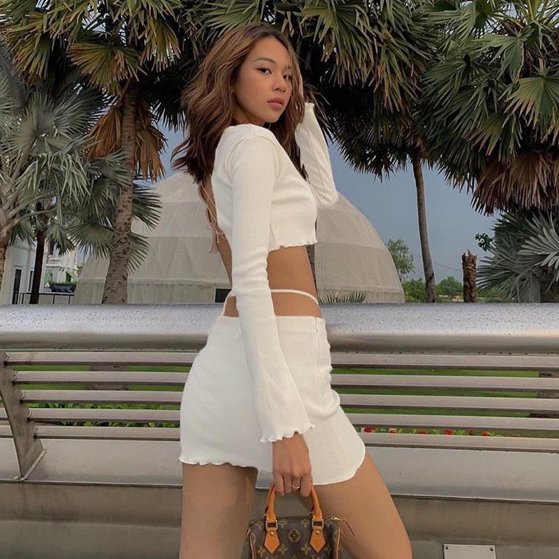 Tooxika New Spring And Summer Long Sleeve Cross Strap Navel Exposed T-shirt Short Skirt Set