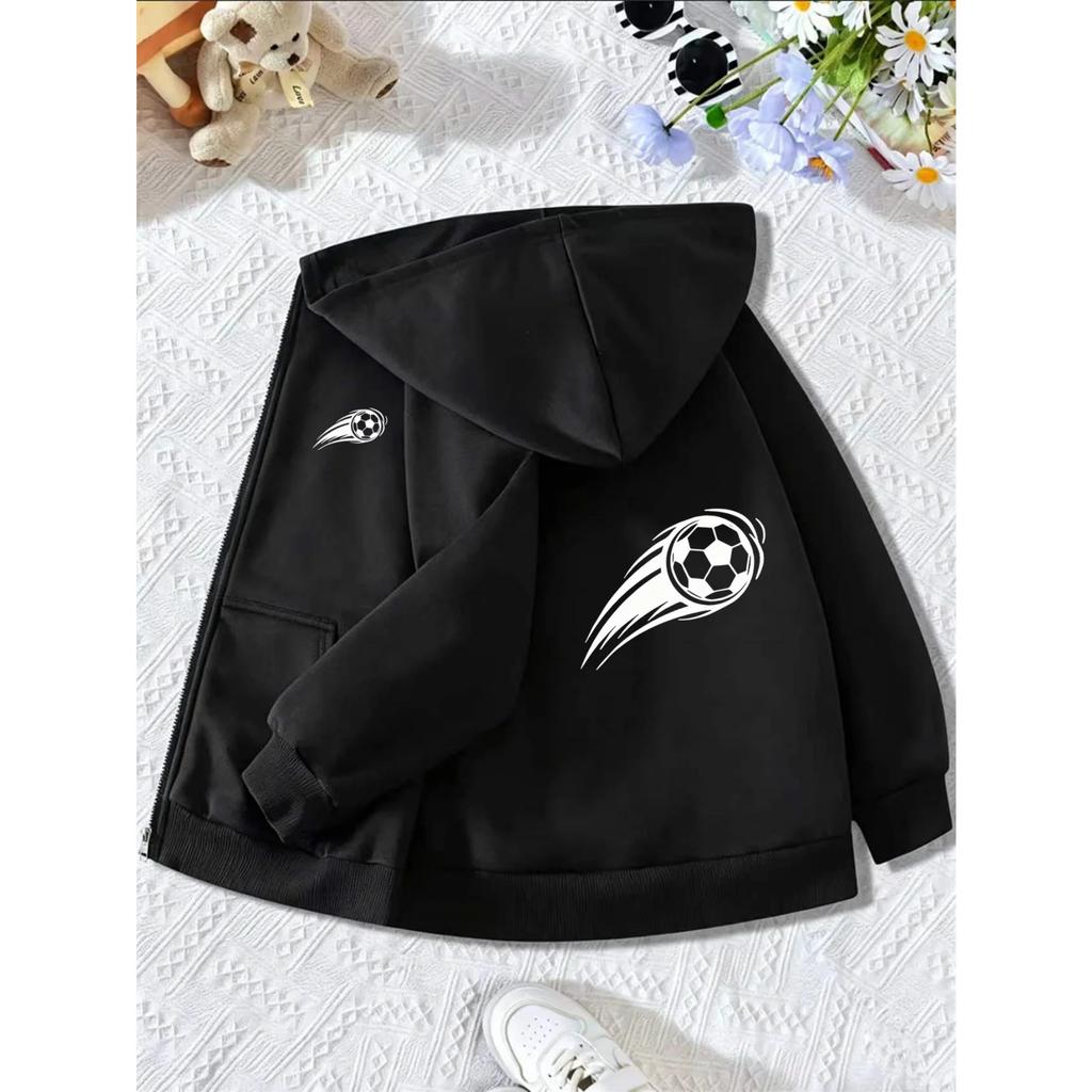 Bright Blue Zip Hoodie Side Mini Speed Soccer Print Back Large White Flying Football Graphic Sport Casual Outerwear