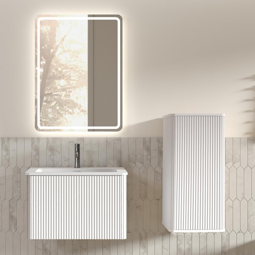 Badkamermeubelset met LED-spiegel, 60 cm breed Hangend Wastafelmeubel met Wastafel, Vierkante Badkamerspiegel, Zijmeubel, Wit