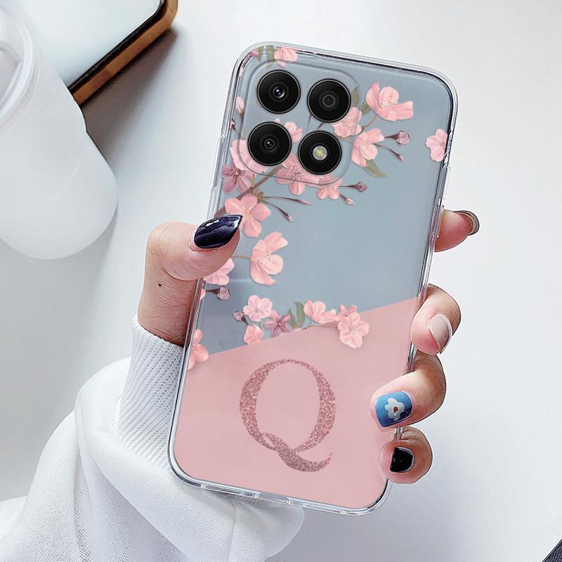 Fashion Pink Flowers Case For Honor X6 X6S 6.5" Back Cover Initial Letter Transparent Soft TPU Fundas For HonorX6 X 6S Coque