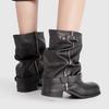 Women'S Boots Fashion Belt Buckle Design Chunky Root Platform Biker Boots Comfort Non-Slip Round Toe Mid Calf Boots