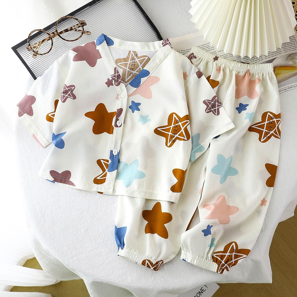 Children's Home Clothes Cotton Silk Set Summer Men's and Women's Pajamas Artificial Cotton Two Piece Set Cotton Silk Air Conditioning Clothes