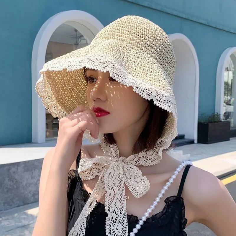 WTEMPO Retro Elegant Women's Lace Binding Strap Hollow-out Sun Hats Summer Beach Sunscreen Hats Wide Brim Foldable Soft Large Hats