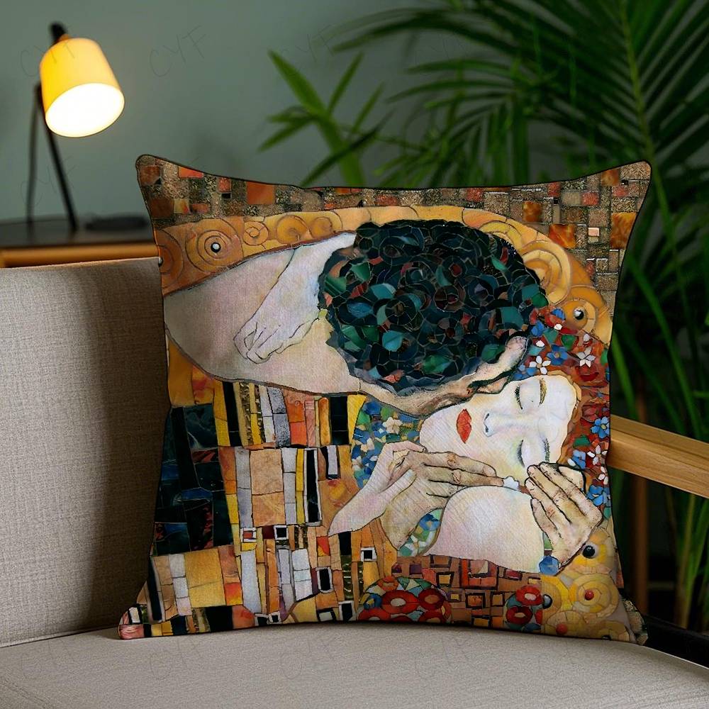 Gustav Klimt Oil Painting Pillow Case Safe Custom Photo Pillow, Anti-fade Brushed Fleece Cushion, Maternal & Infant Safe.