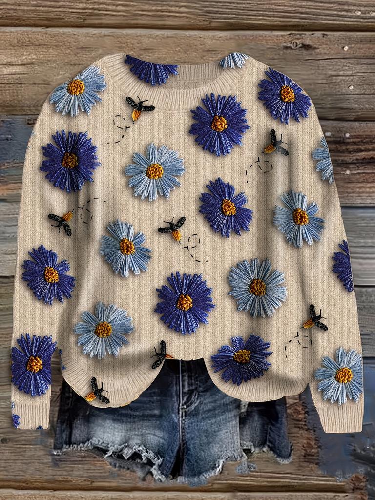 Three-Dimensional Floral Sweater for Women, Trendy Winter Outfit, Versatile Round-Neck Knitted Top.