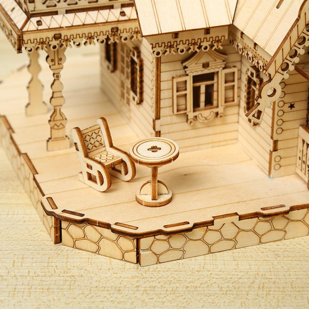 Hallisun 3D Wooden Puzzle DIY Retro Cottage Villa House with LED Light Model Assembly Kit 3D Puzzle Brain Teaser Hobby Game Toy for Adults DIY