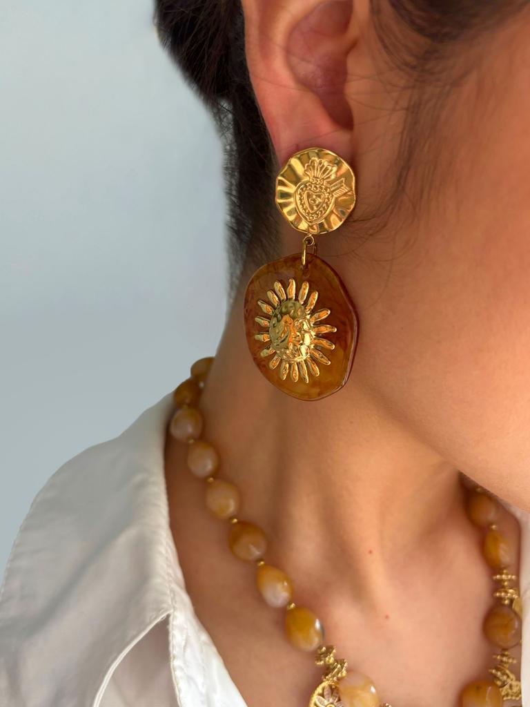 GHIDBK Vintage Trendy Amber Resin Golden Sun Round Drop Earrings for Women Unique Stainless Steel Party Daily Zircon Waterproof