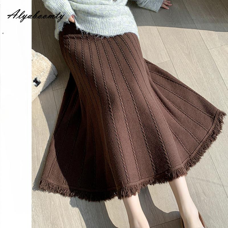 Koreanische Mode Herbst Winter Frauen Midi Rock Hohe Taille Grau Schwarz Aprikose Kaffee Dicke Warme Rock Elegante Quaste Feminine Röcke für frauen