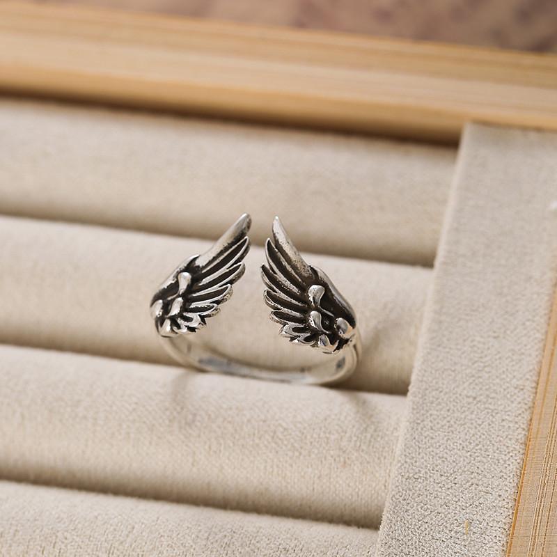 Unique Copper Adjustable Ring For Women With Exquisite Retro Angel Wings And Trendy Geometric Shape