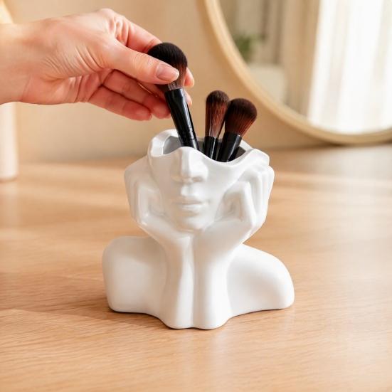 Artistic Desktop Storage Abstract Face Vase, Female Pen Holder, Makeup Brush Modern Vinyl Cup Decorative Vase Centerpiece for Living Room Table Shelf