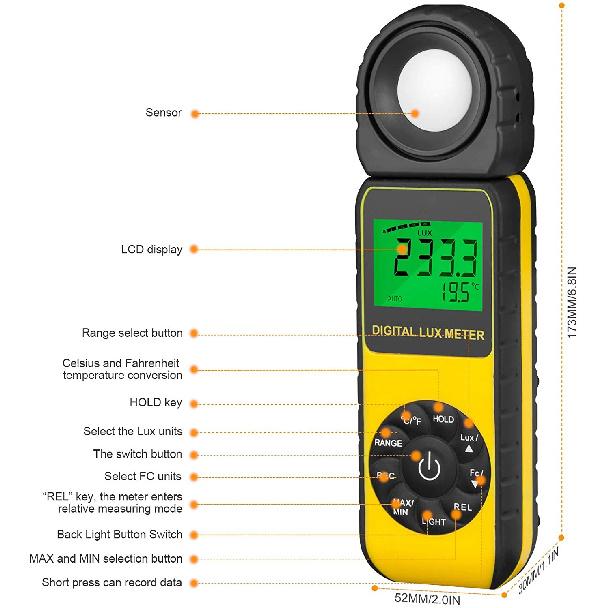 HP-881E Luxmeter Lumen Meter Handheld Light Calibrator with 270° Rotatable Detector, Measuring Range 0.1~300,000Lux