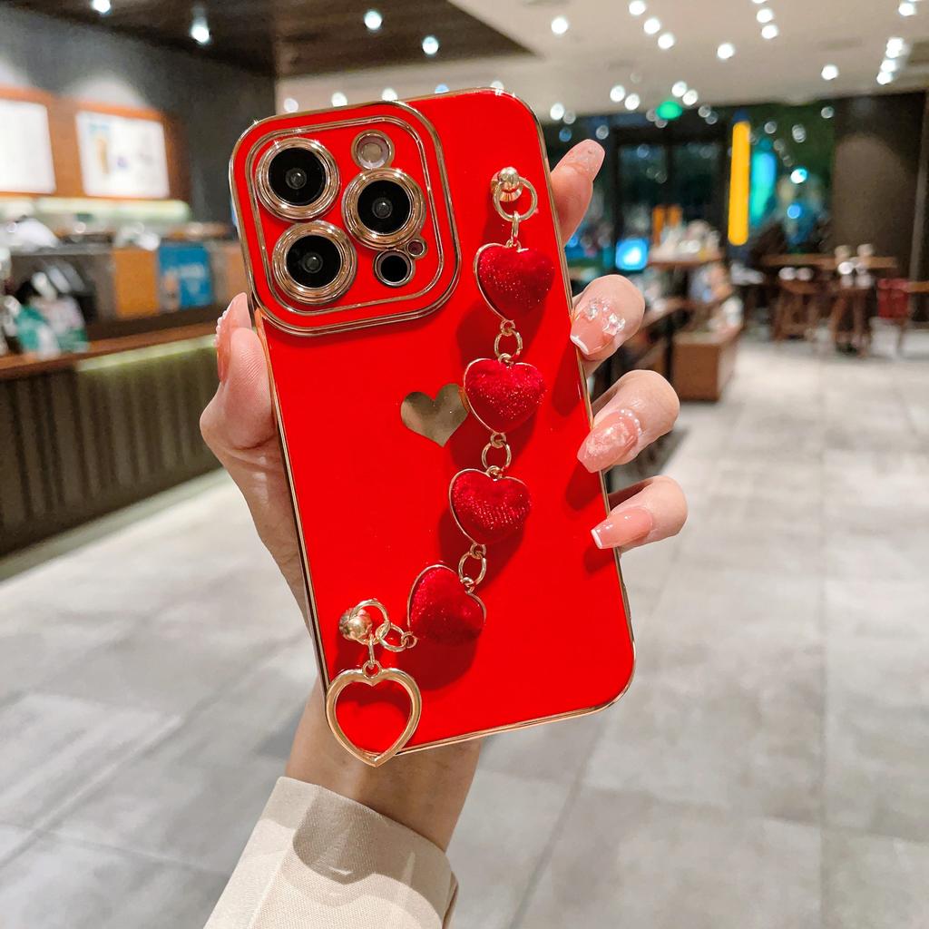 Pro mobilní telefon iPhone 15 Promax pouzdro pokovené plyšový náramek s motivem srdce 14Promax ochranný kryt 13 proti pádu