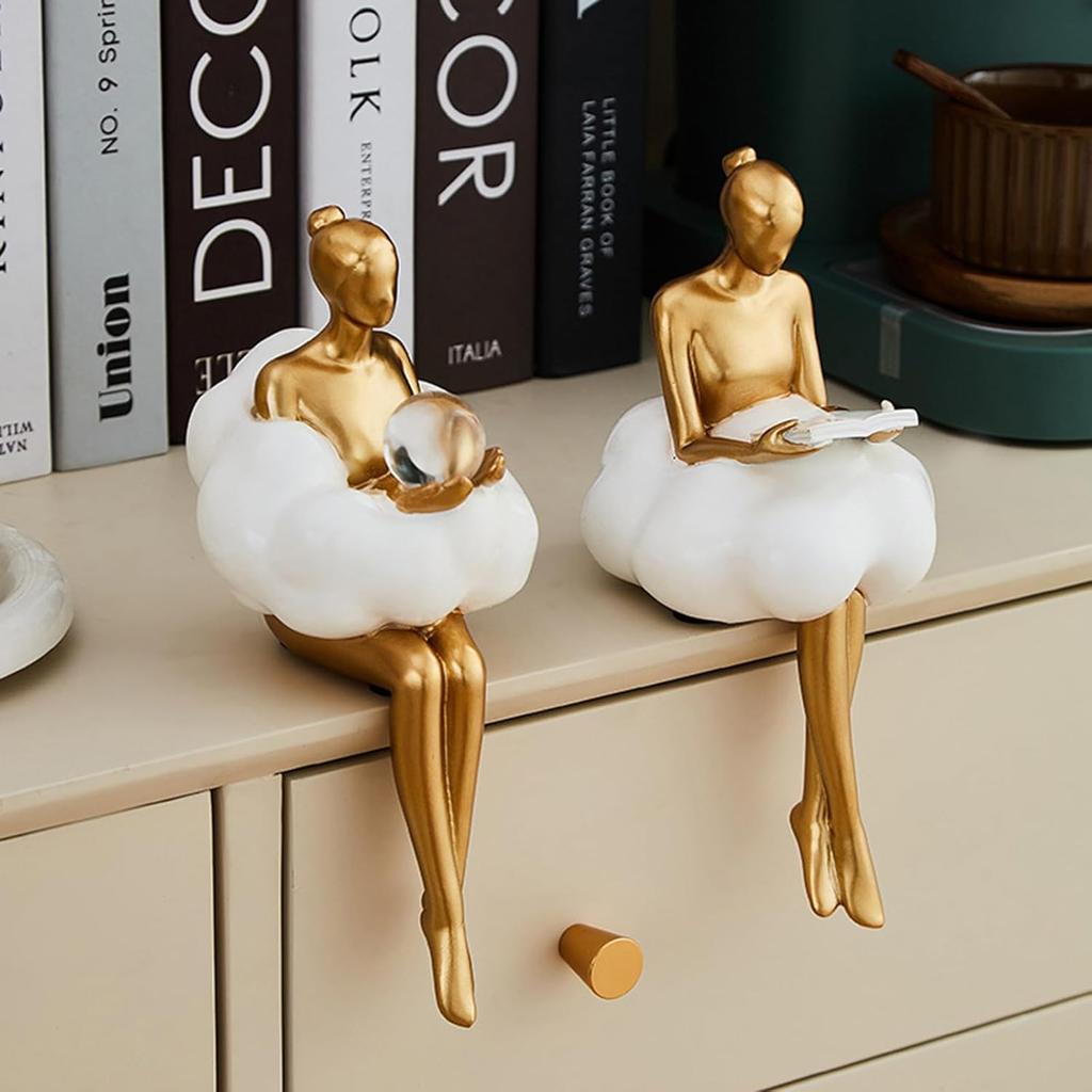 Gold Home Decor Women Thinker Statue, Modern Bookshelf Figurines Accent Decorations for Living Room, Resin Abstract Art Collectible for Office