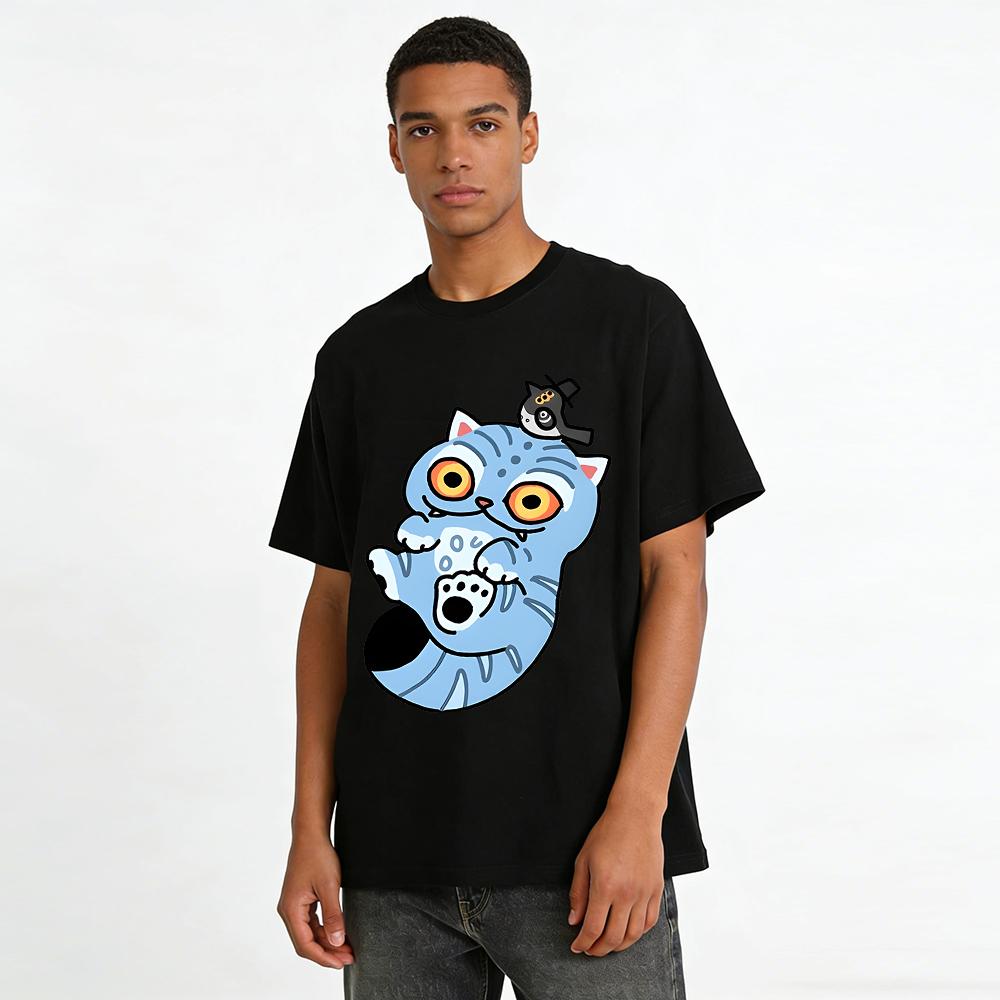 Funny Blue Cat & Top Hat Bird Print Casual T-Shirt Unisex Cartoon Pattern Daily Wear Tee Pure cotton T-shirt