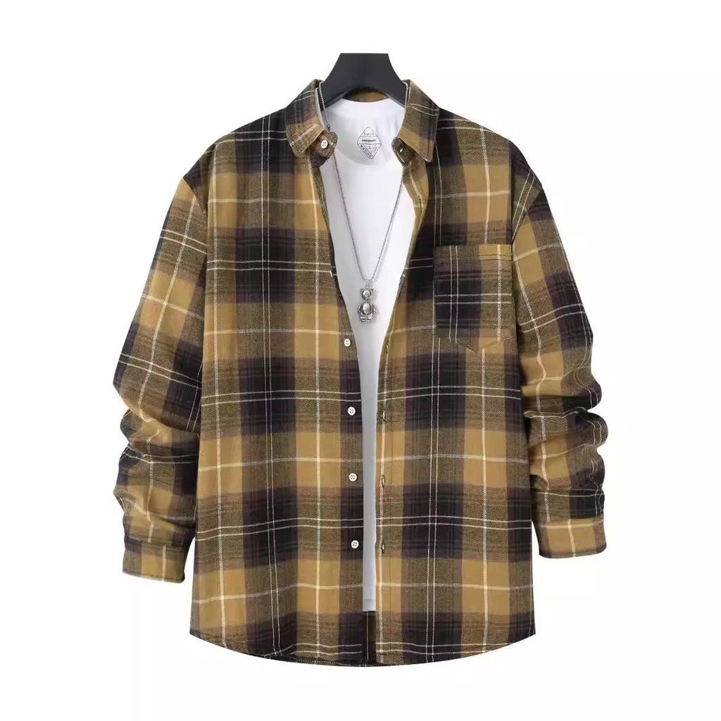 Autumn European and American Fashion Men's Brushed Thin Plaid Long-sleeved Light Mature Casual Shirt