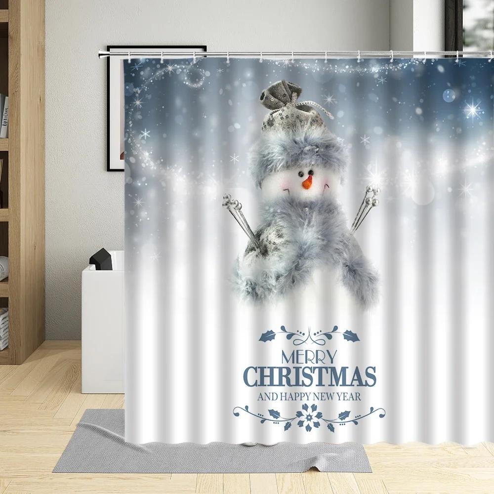 Merry Christmas Shower Curtain Xmas Tree Socks Elk Wooden House Snowman Winter Festival Decor Wall Cloth Bathroom Curtains Sets