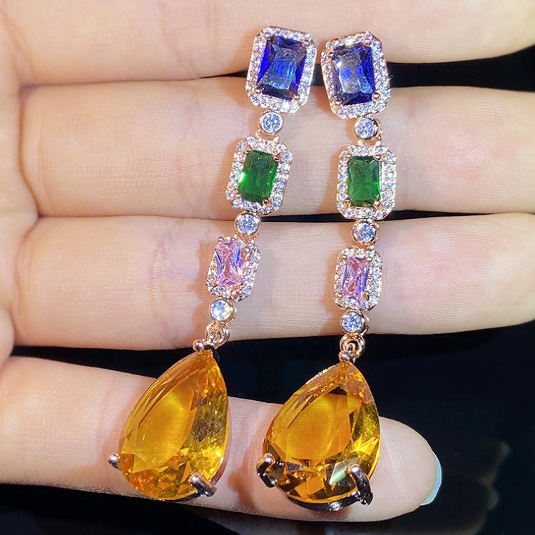 Dreamy Color Jewel Tasseled Zircon Earrings Retro Heavy Industry Fan Dinner Street Style