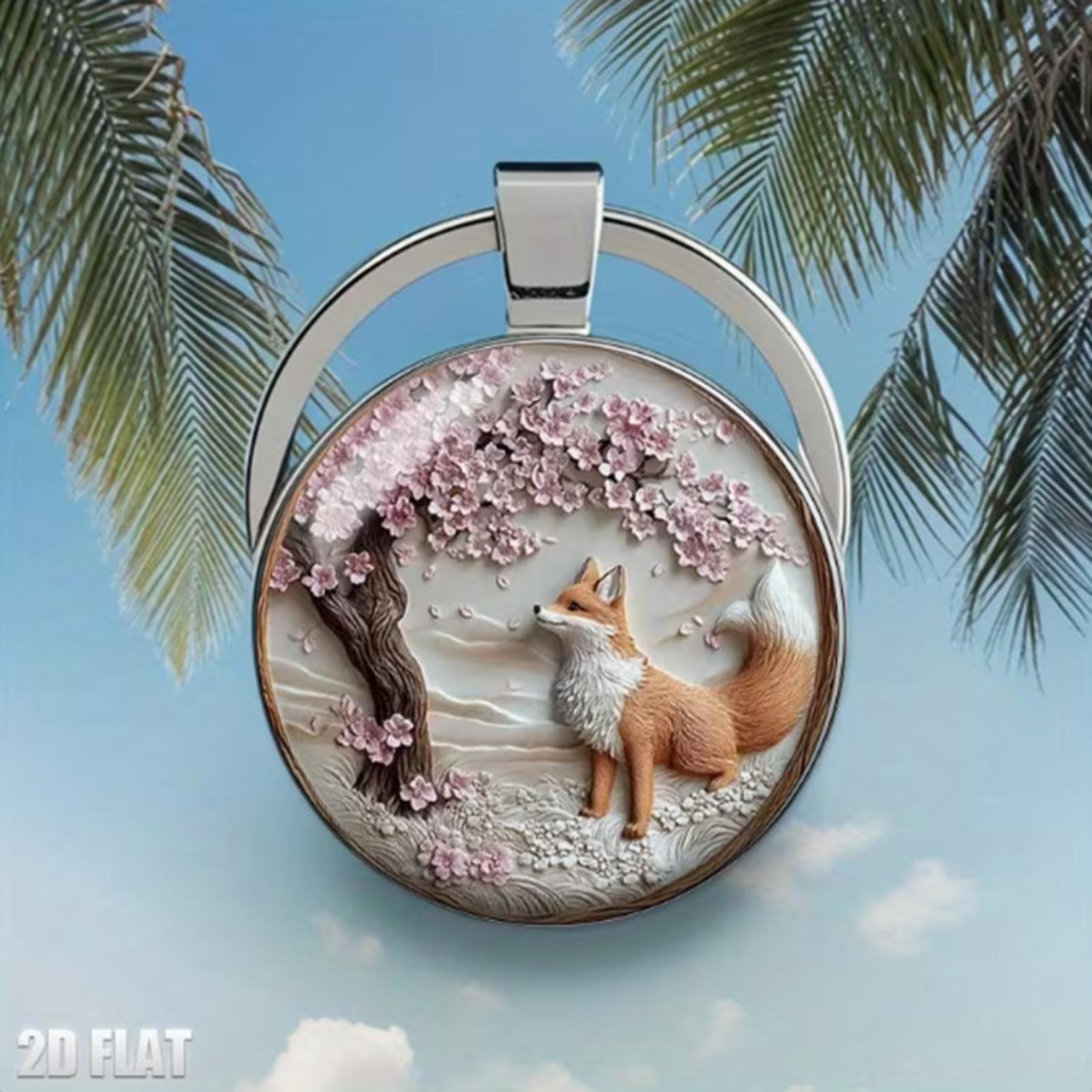 

Round Glass Alloy Keychain with Artistic Fox Design under Tree Pattern Durable Metal Ring for Keys Bag Accessories Gift One Size