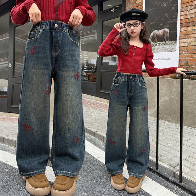 

Girls Straigh Jeans Pants With Bows Kids Loose Wide Leg Trousers Teen High Street Leg Denim Long Pants Casual Sweatpants 5-14Y 170 синій
