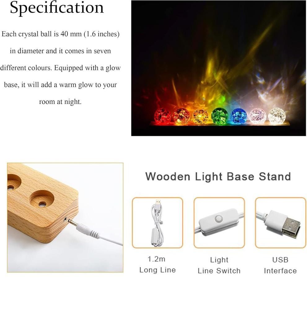 KRISININE 7-Color 40 Mm Crystal Cracked Glass Balls with LED Wooden Base (Home Décor Light for Meditation, Yoga, Relaxation)