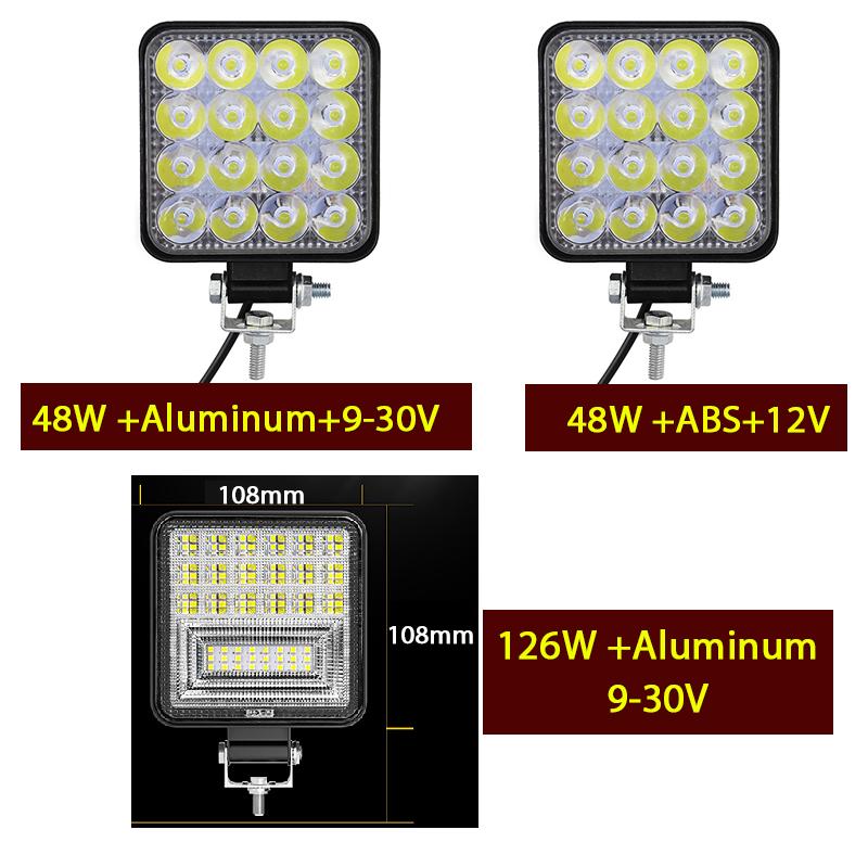 48w/126w Truck Off-road Suv Car Headlights Night Driving Lights Fog Lights 12v/9-30v Led Work Lights Square Spotlights/floodligh