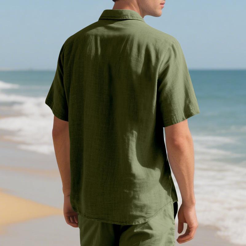 Summer Men's Lapel Shirt Woven Solid Color Simple Loose Casual Short-sleeved Shirt