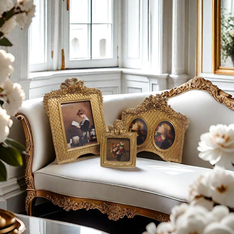 French Retro Picture Frame Relief Golden Resin Photo Case Nightstand Desk Decor Wall Hanging Photo Frame Home Decor Ornament