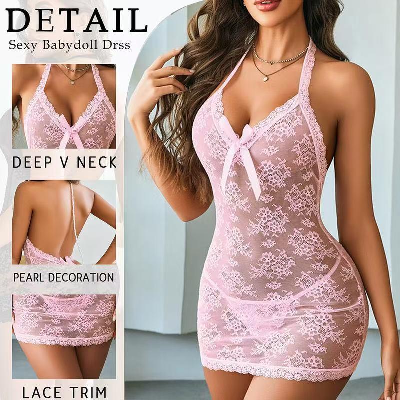 Plus Size Sexy Lace Backless Halter Nightgown Set