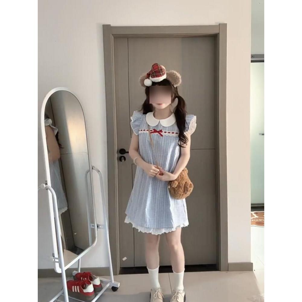 Summer Wear Small Shirt Skirt Women's College Plaid Splicing Loose Doll Collar Small Flying Sleeve Dress