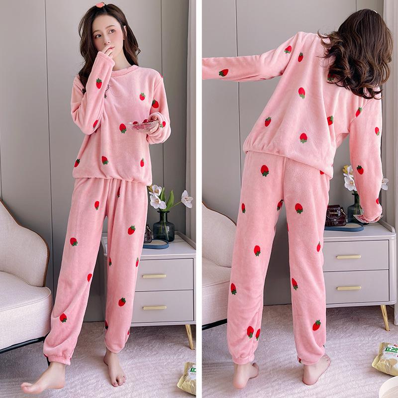 2pcs/Set Women's Coral Velvet Strawberry Padded Thickened Ambient Pajamas Fall and Winter Warm Home Wear Student Pajamas Girls