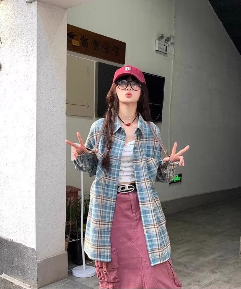 

2025 Осень Парная клетчатая рубашка с длинным рукавом: Корейский и японский ретро-стиль с отложным воротником XL синий