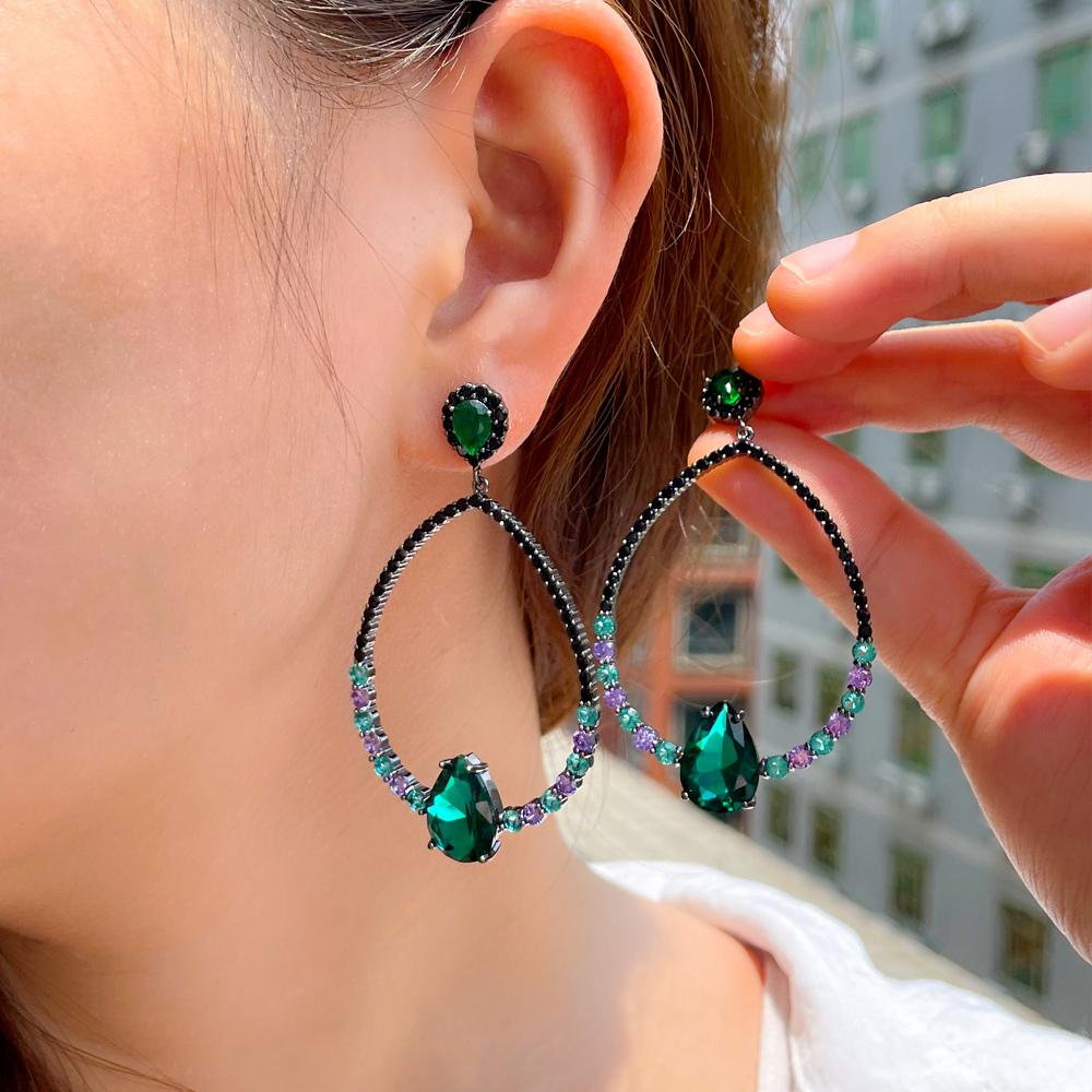 CMM Vintage Black Color Cubic Zirconia Large Hollow Water Drop Earrings