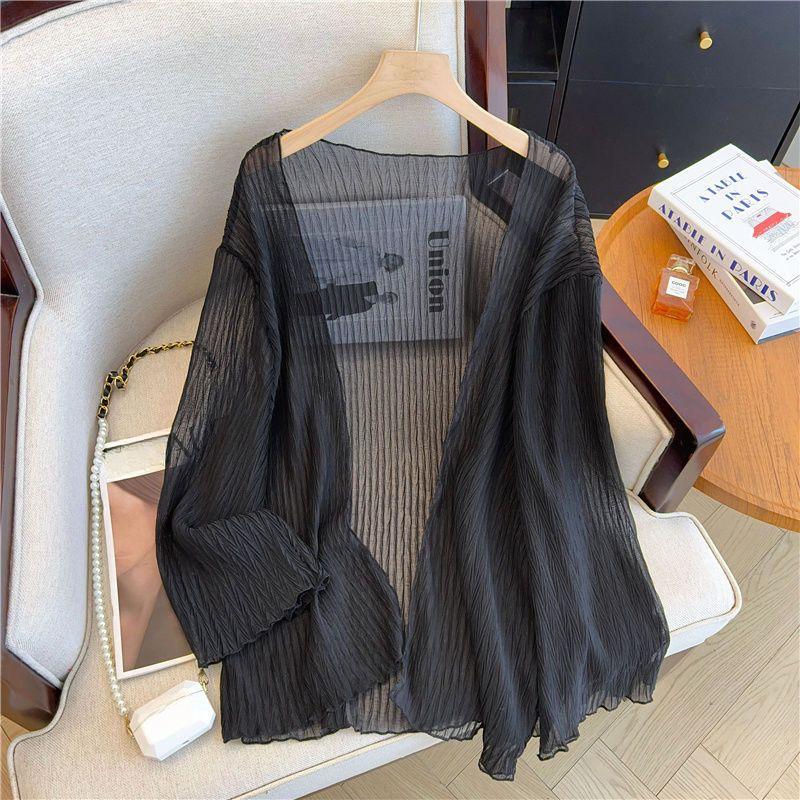 

Женский кардиган большого размера, летний тонкий кардиган, однотонный, вырез, открытая передняя часть, тонкая шаль от солнца 4XL чёрный