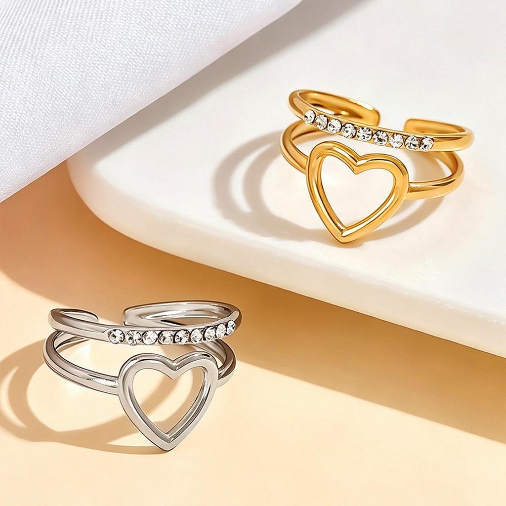 Elegant Double Row Heart Ring: Versatile Open Design with Inlaid Diamonds