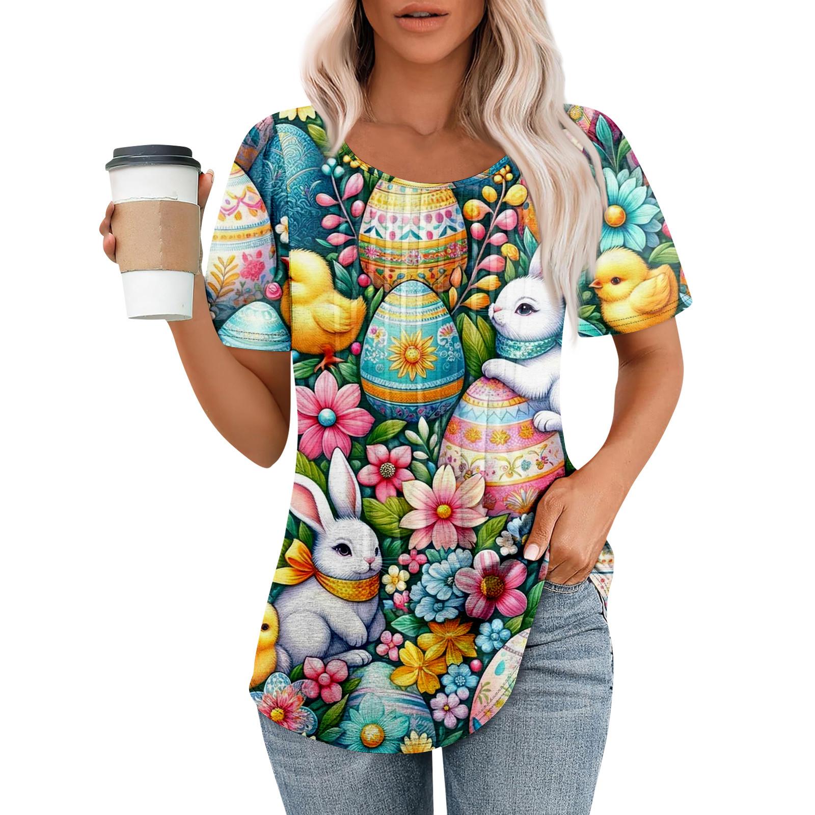 

Женская футболка свободного покроя с короткими рукавами и круглым плиссированным узором на пасхальную тематику XXXL