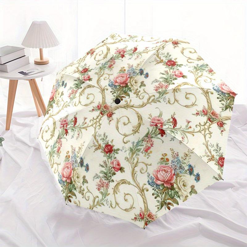 Vintage Floral Automatic Folding Umbrella - 8-Rib Durable Iron Frame, Compact Travel Design with Elegant Pink & Green Floral P