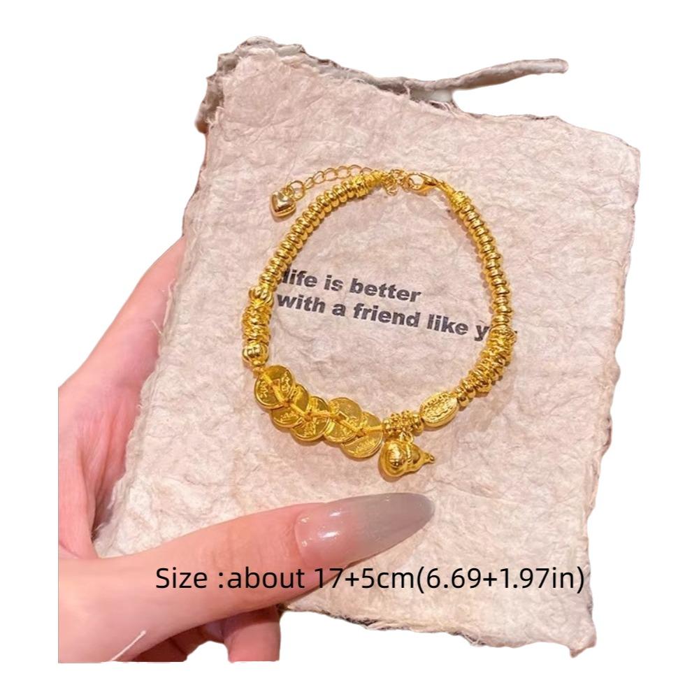 Brushed Finish Coin Pendant Bracelet Gold Color Chinese Style Bracelet Gourd Bracelet For Women